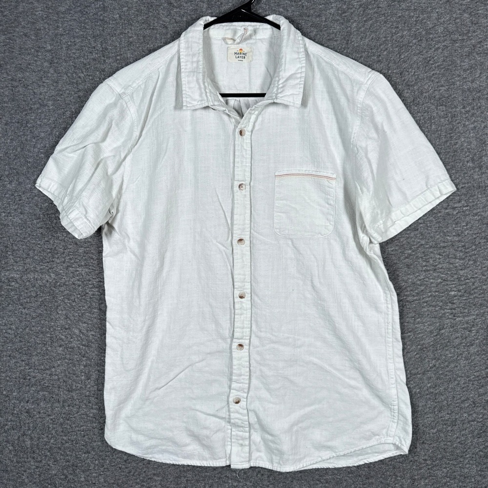 Marine Layer Shirt Men Marge Medium-Large White Short Sleeve Cotton Woven Casual